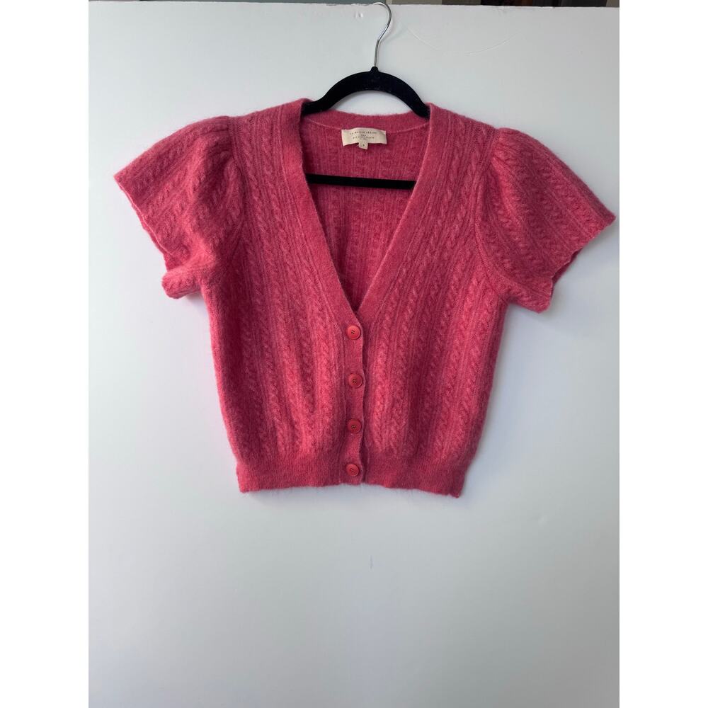 Sezane cardigan short sleeve cable knit pink rose mohair wool small sweater